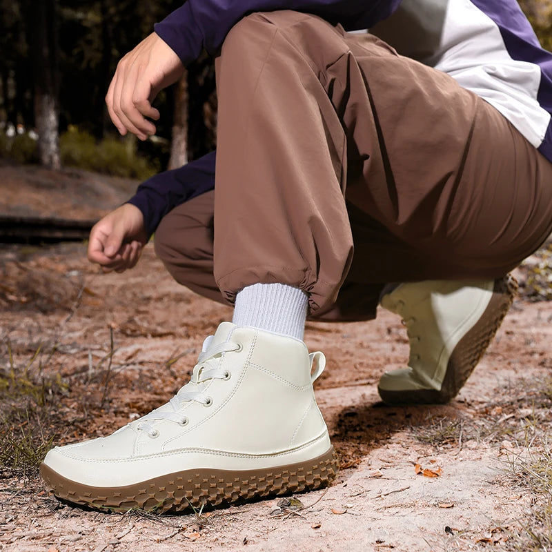 Men Wide Toe Barefoot Hiking Boots Mid‑Top Leather Minimalist Shoes Flexible Zero‑Drop Non‑Slip Outdoor Trail Walking Footwear