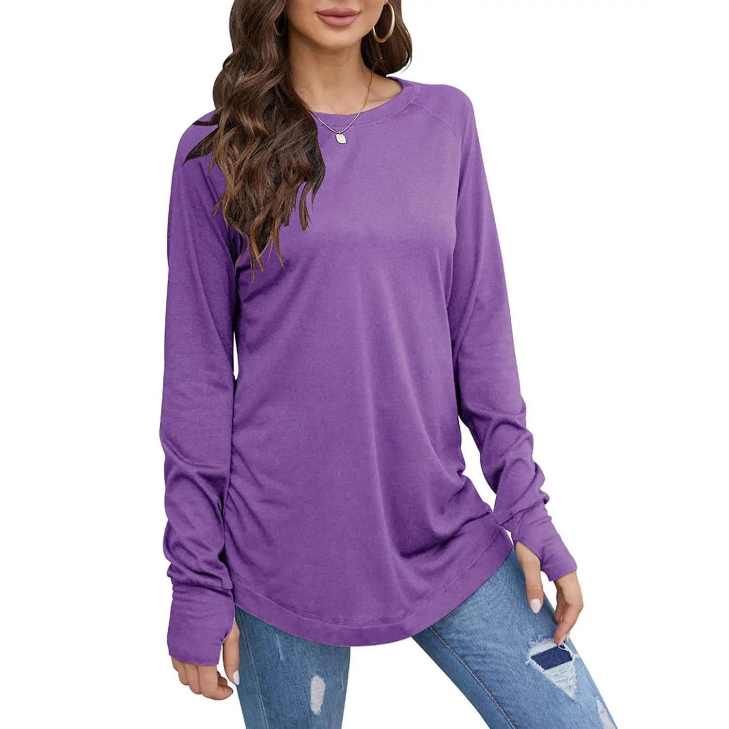 Women long sleeve cotton tunic top in purple with a relaxed fit and subtle ruching at the cuffs.