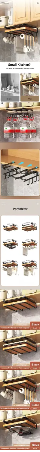 Support de cuisine en métal noir pour rangement, avec plusieurs crochets et un design à lattes en bois, pour un organisateur de cuisine à fixer sous le plan de travail avec étagère en bois
