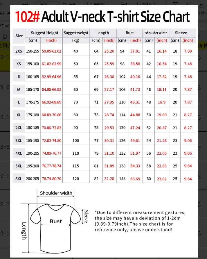 大人用VネックTシャツのサイズ表。2XSから6XLまでの各サイズについて、センチメートルとインチの計測値を表示し、「メンズパーカー」風のスケルトンのグラフィックのロングスリーブスウェットシャツのロングスリーブのパーカーのサイズ感を強調しています。