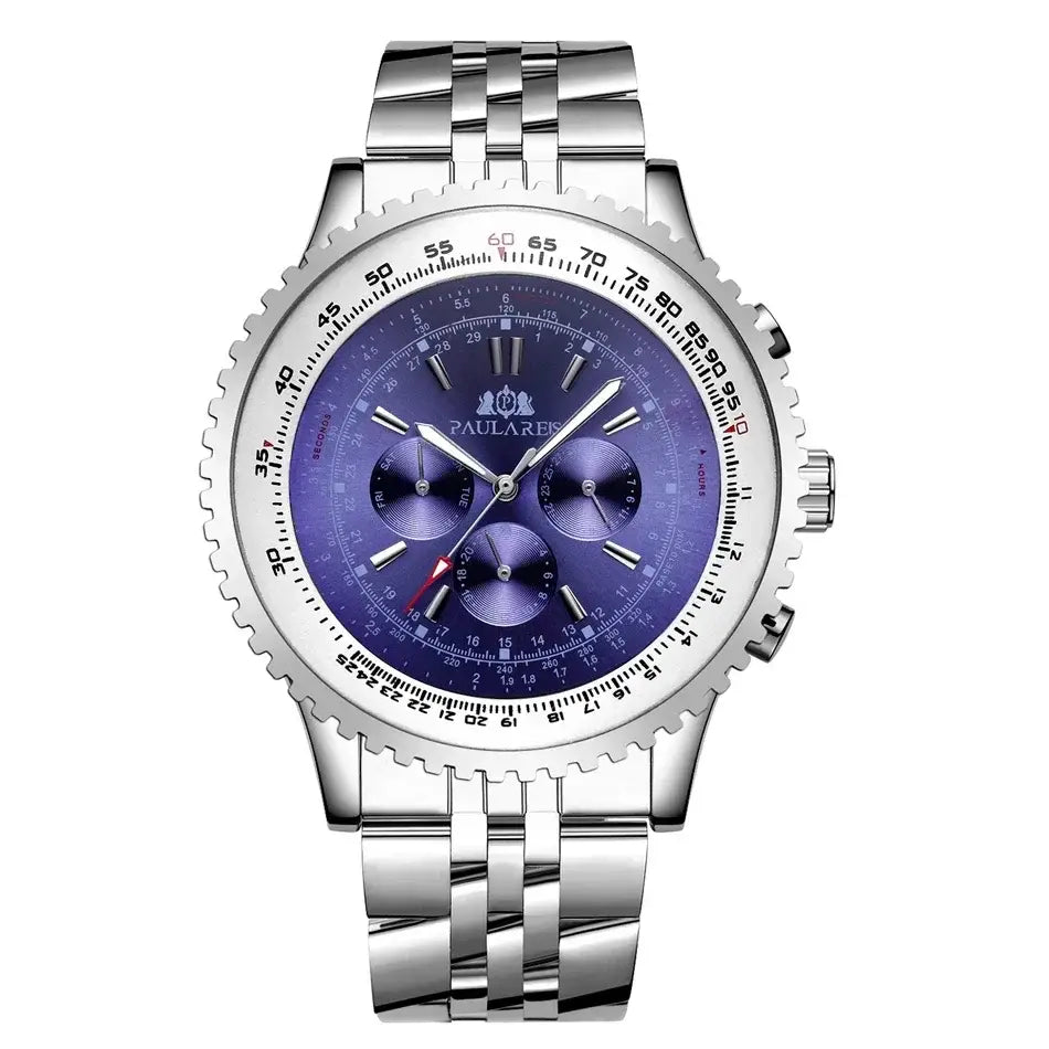 Silberfarbene Paulares-Chronograph-Automatikmechanikuhr für Herren mit kräftigem violettem Zifferblatt, drei Hilfszifferblättern und strukturierter Lünette.