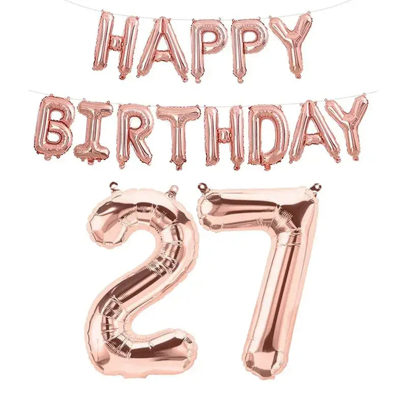 Juego de globos de lámina color rosa dorado con una guirnalda de "Cumpleaños feliz" y el número 27 para celebraciones de cumpleaños.