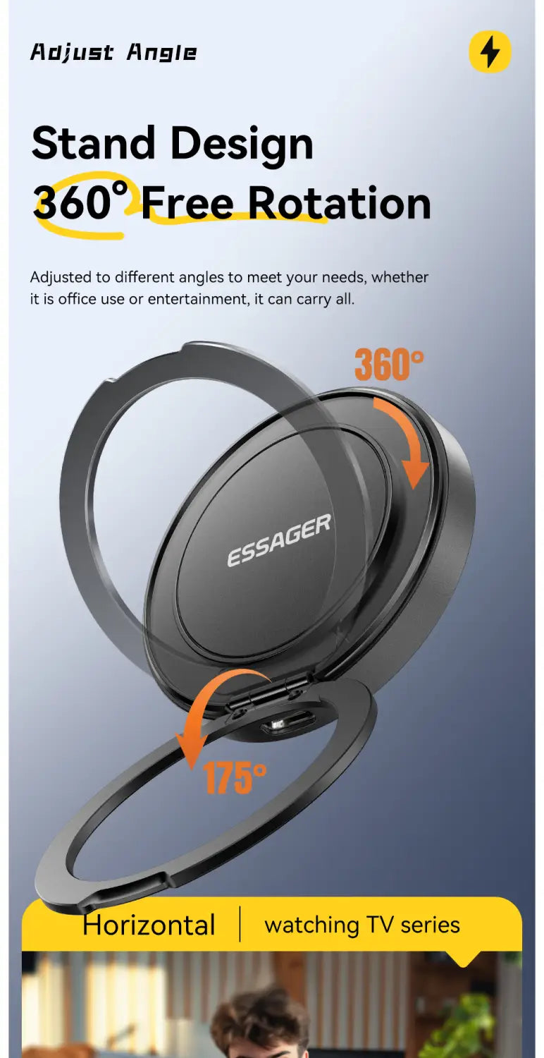 black circular stand for essager magnetic 15w wireless charger featuring 360-degree free rotation and adjustable angle for versatile use.