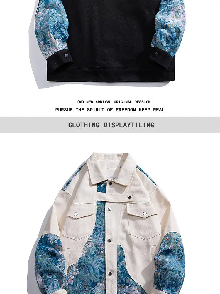 Eine elegante Bomberjacke im Streetwear-Stil mit einem Denim-Body in Cremefarben, kräftiger blauer floraler Stickerei an den Ärmeln und Frontpaneelen sowie schwarzen Bündchen.