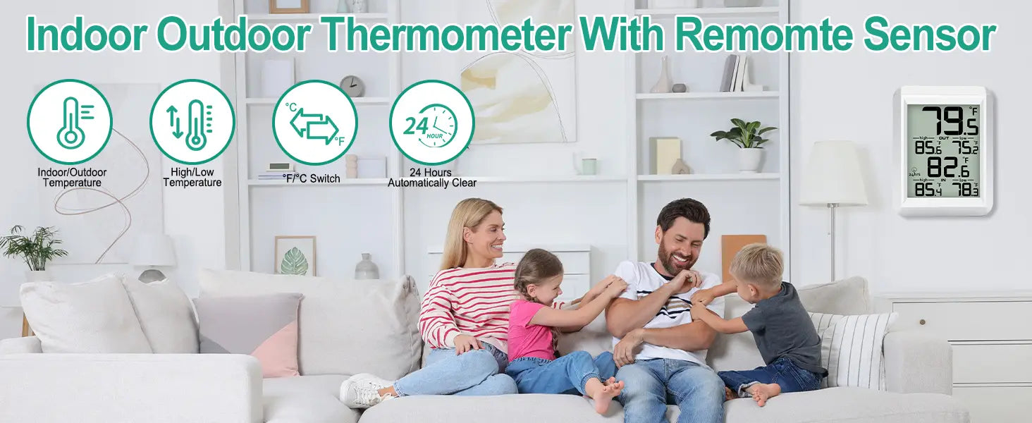 Weißes kabelloses Digitalthermometer für den Innen- und Außenbereich mit Außensensor zur Anzeige der Temperaturen in schwarzen Ziffern auf einem klaren Display.