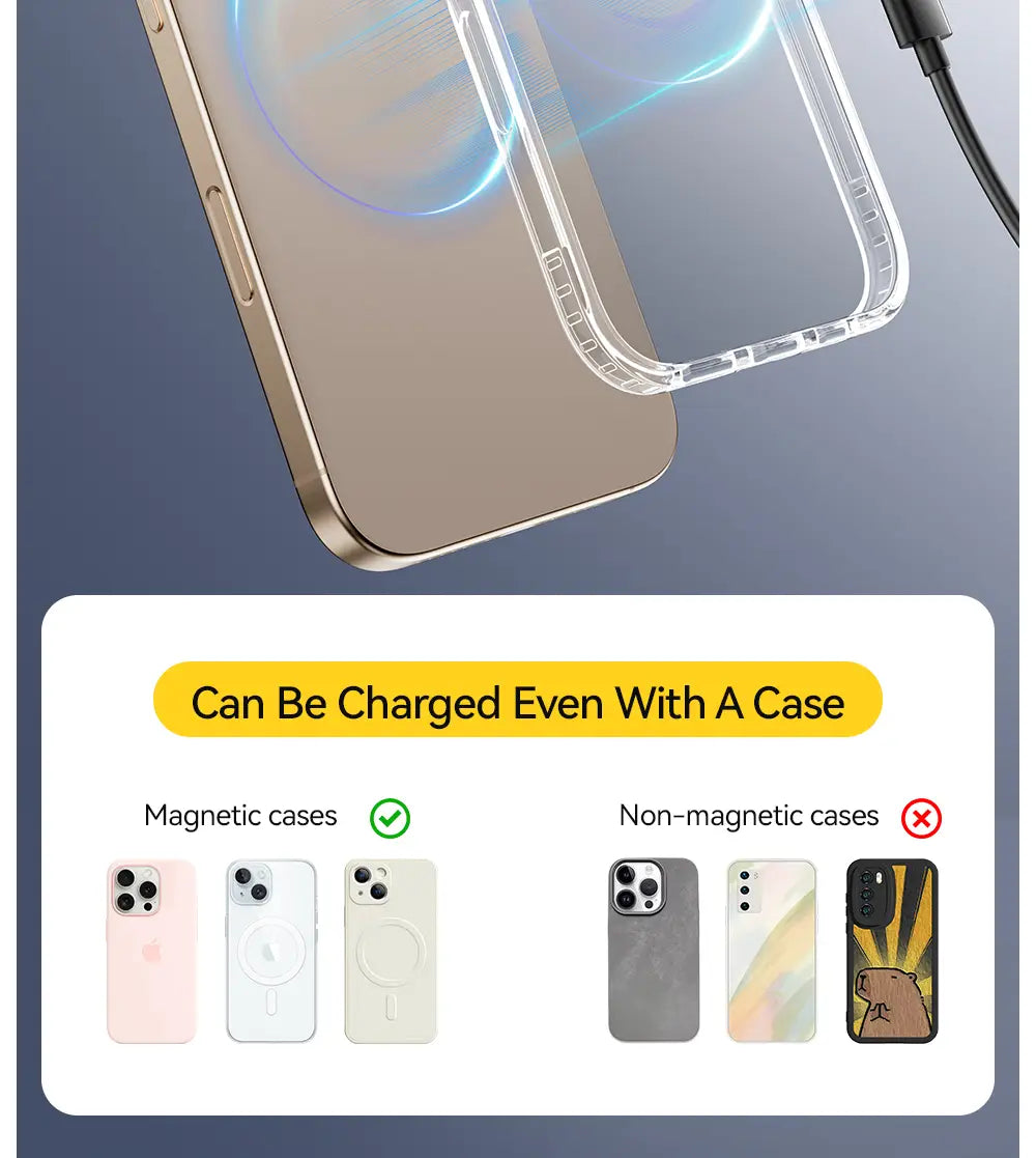 Clear magnetic phone case with a sleek transparent design showing the device color and camera cutout on the back side compatible with Essager magnetic 15w wireless charger stand.