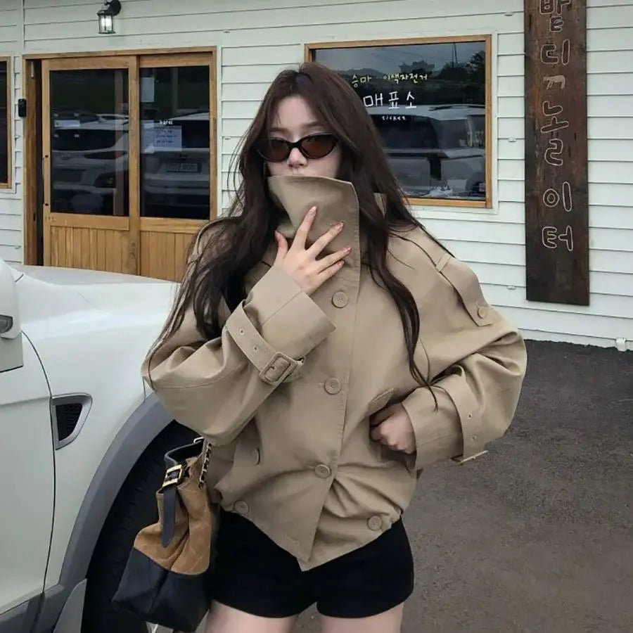 Women's 2026 Korean Style Relaxed Trench Coat Vintage Khaki Utility Jacket Spring Fall Casual Chic Versatile Outerwear