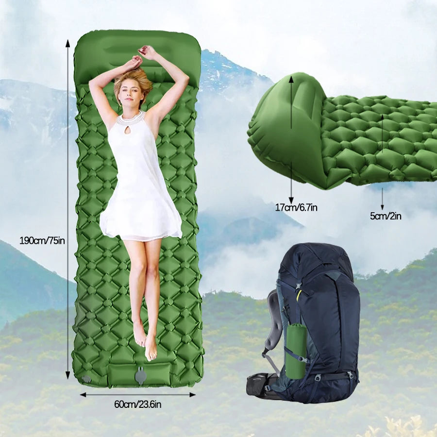 Outdoor Camping Inflatable Mattress Sleeping Pad With Pillows Ultralight Air Mat Built In Inflator Pump Hiking