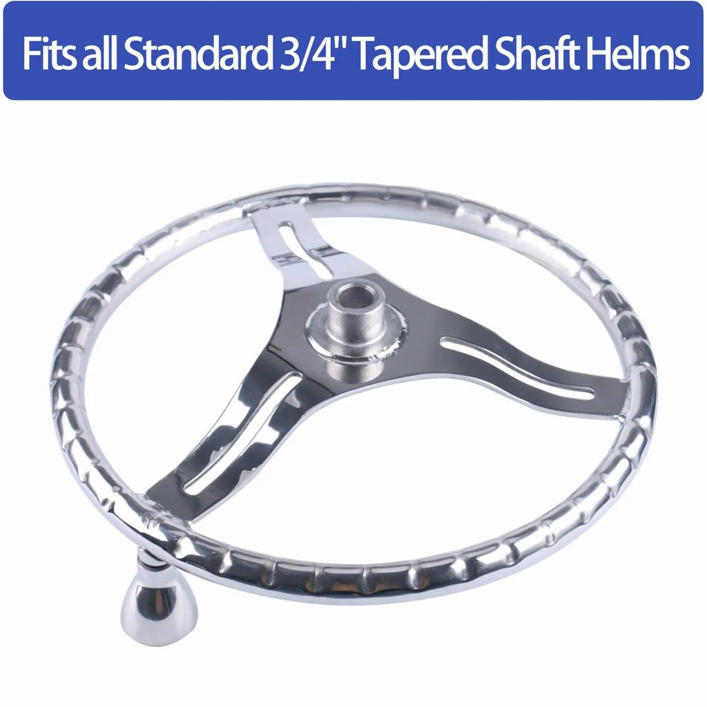 Boat Accessories 13.5'' Stainless Steel Steering Wheel with 5/8 Nut ,3 Spoke Knurling for Marine Boat / Yacht with Power Knob