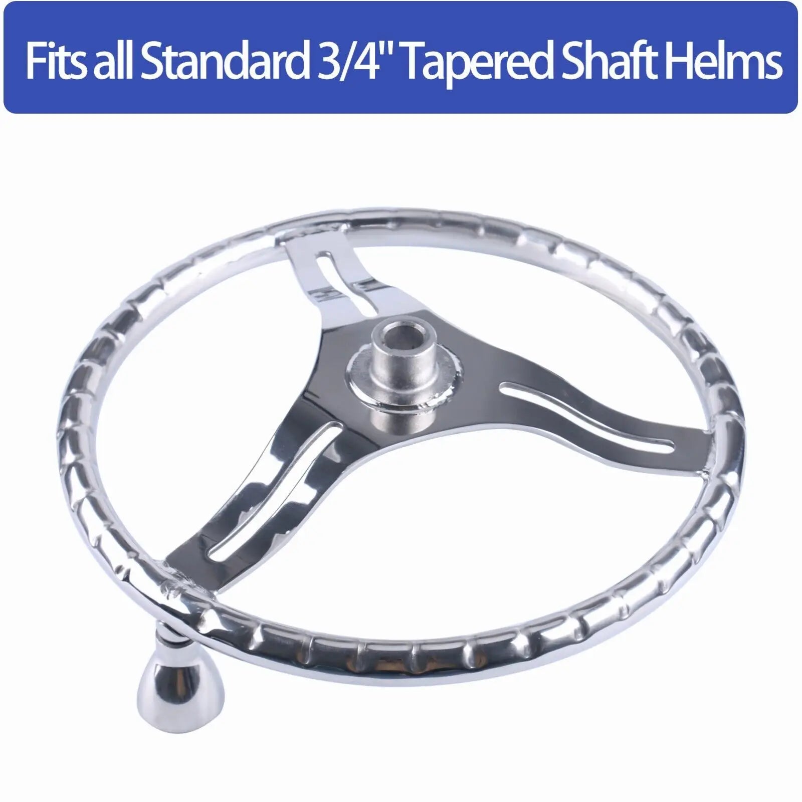 Boat Accessories 13.5'' Stainless Steel Steering Wheel with 5/8 Nut ,3 Spoke Knurling for Marine Boat / Yacht with Power Knob