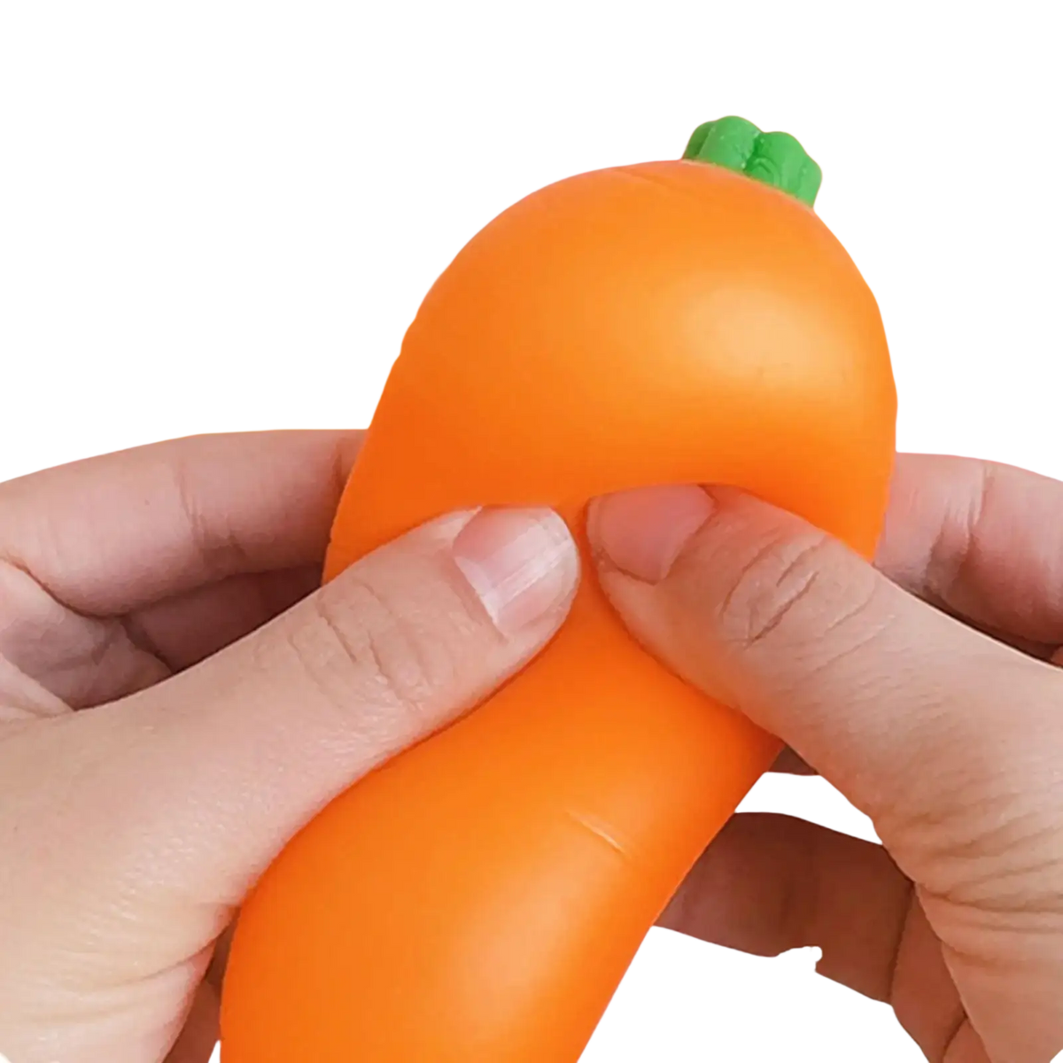 Front view of an orange carrot shaped slow rebound squeeze toy with green leafy top made of soft silicone