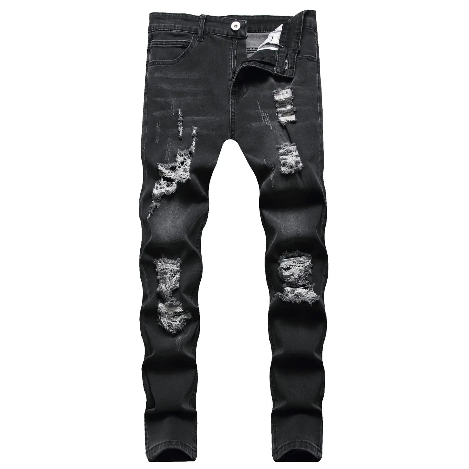 Männer rissen schmale Jeans aus schwarzem, distressed Denim mit mehreren zerrissenen und ausgefransten Patches entlang der Beine.