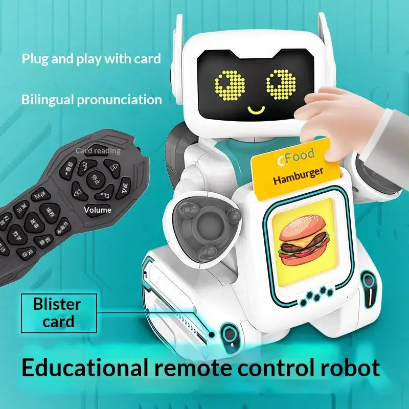 white educational robotic dog toy with voice control featuring a digital face and interactive screen displaying food images