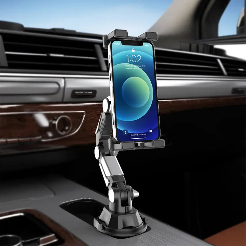 Black and silver adjustable car phone mount with suction cup base for 360 adjustable hands free stand use.