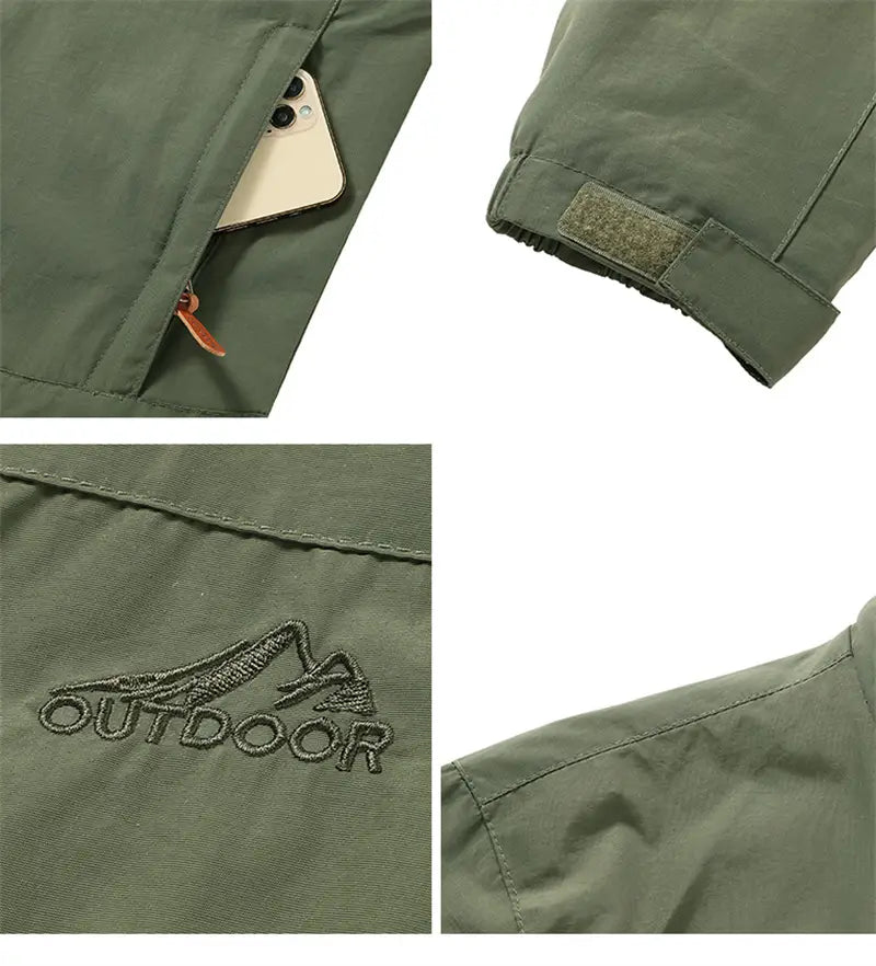 chaqueta cortavientos impermeable verde oliva para hombre Naturehike con logotipo de montaña bordado y texto outdoor, bolsillo con cremallera que sostiene el teléfono, y puño ajustable con lengüeta de velcro