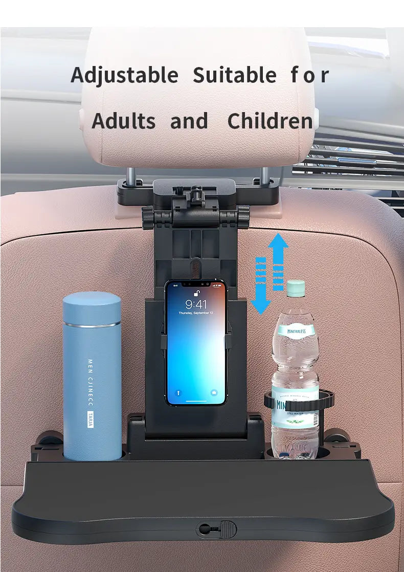 Black adjustable car headrest laptop tray and food holder with phone and bottle holders designed for convenient backseat use.