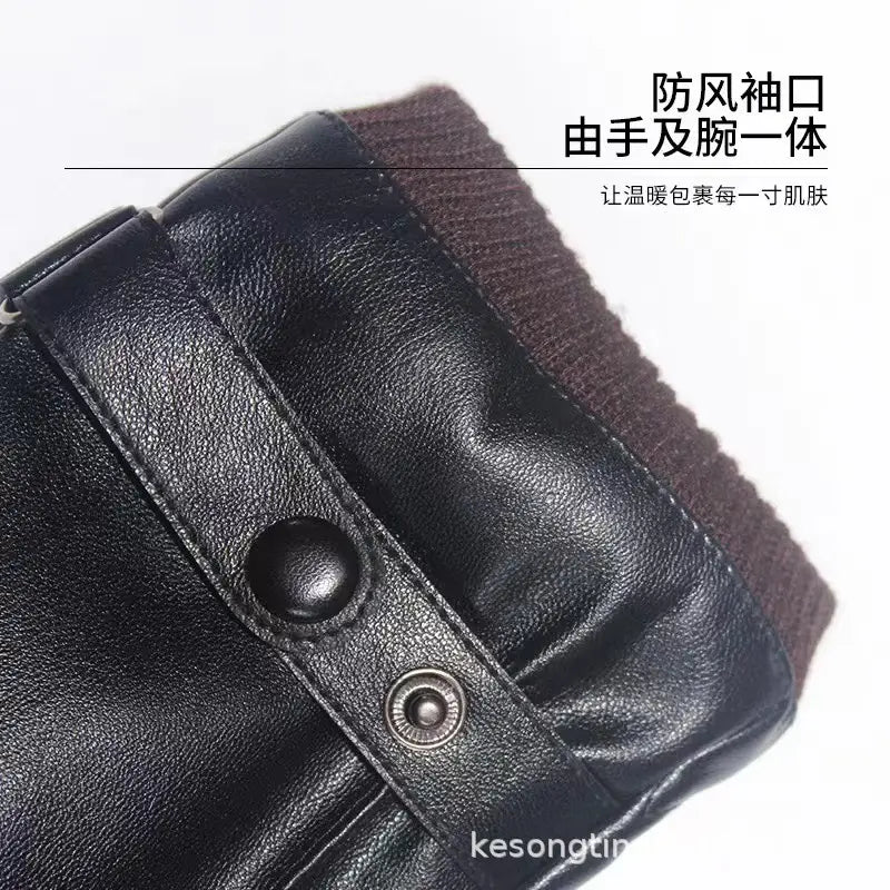 men winter touch screen leather glove back side showing black leather sleeve with brown ribbed knit cuff and button snap closure