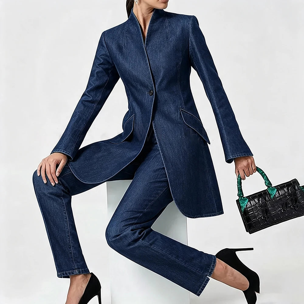 Elegant Denim Women Suits 2 Piece Jacket Pants Full Sets Casual Daily One-Button Slim Fit Female Clothing High Quality Clothing