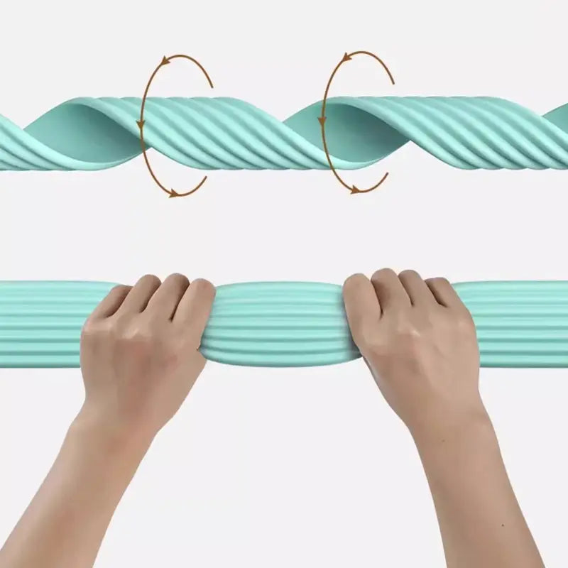 a flexible light blue ribbed resistance band with a twisted design as part of a baby safety edge protector strip 2m for cushioning sharp furniture edges