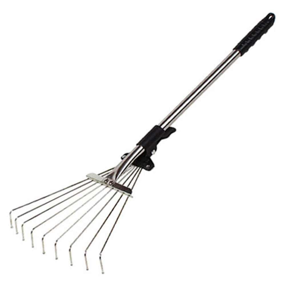Silver metal garden leaf rake with black ergonomic handle and telescopic handle design for adjustable gardening use