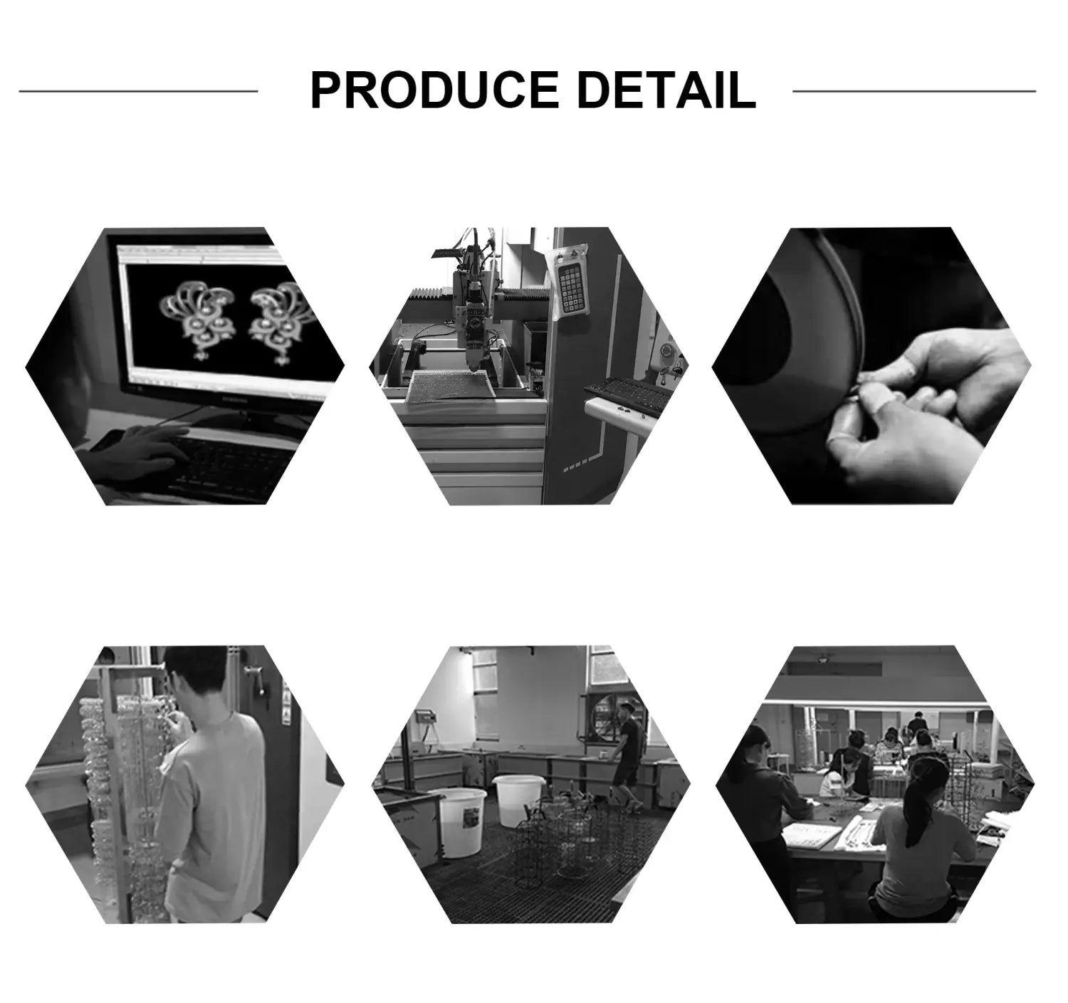Black-and-white hexagonal collage illustrating various stages of design and manufacturing of a stainless steel black opal necklace and earring set.