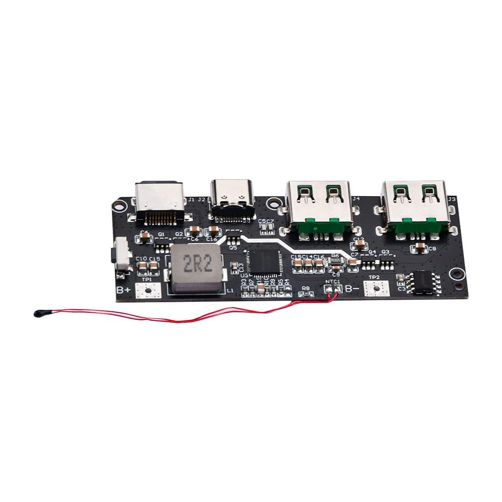 Carte de circuit imprimé rectangulaire noire avec plusieurs ports USB et composants électroniques pour un module de charge sans fil rapide de 22,5 W avec affichage LCD, intégrant une prise en charge de la sortie.