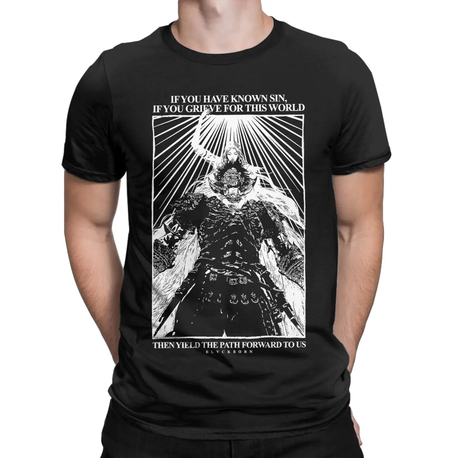 A black short-sleeved cotton Radahn graphic t-shirt featuring a white print of an armored figure with radiating lines and the text if you have known sin if you grieve for this world then yield the path forward to us.