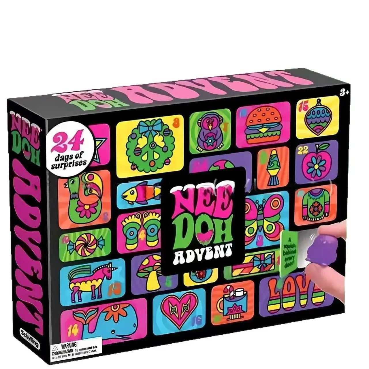 Una caja colorida y vibrante que presenta un calendario de adviento de Halloween Nee Doh de 24 días con ilustraciones de caricatura divertidas y juguetes blandos espeluznantes.