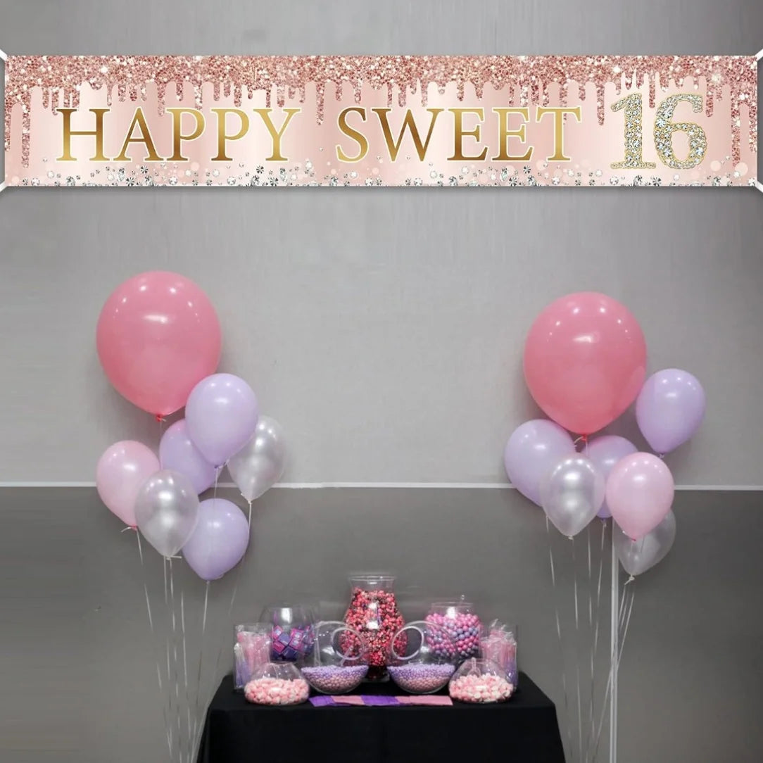 16th Birthday "Happy and Sweet Party Banner - Polyester interior/Exterior decoration, with flash design, birthday party.