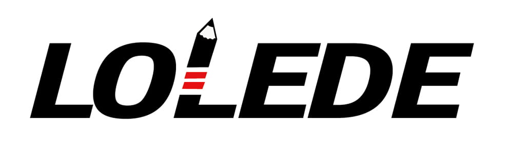 Schwarzes, „lolede“-Logo mit einem stilisierten Bleistift, bei dem rote Streifen das Buchstaben „e“ auf kawaii-hübschen Cartoons-Aufklebern ersetzen, für Scrapbooking- und Tagebuchdekoration.
