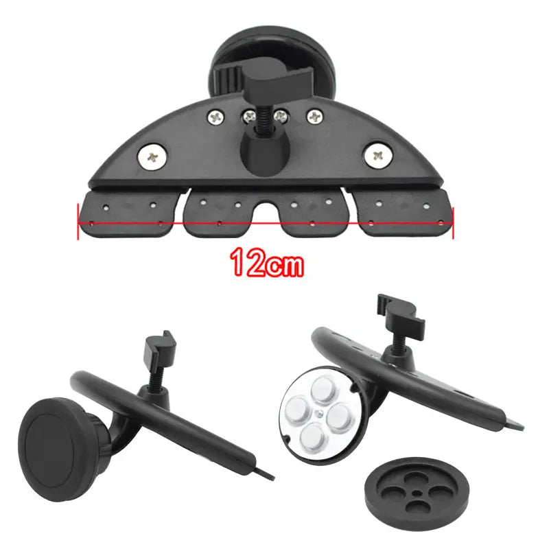 Black plastic magnetic cd slot car phone mount with suction cup and adjustable arm for mini gps and iPhone attachment.