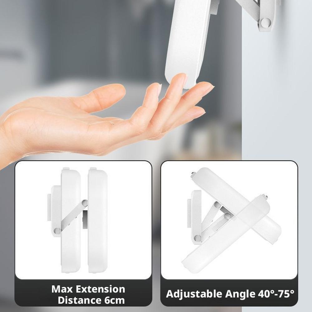 White plastic wall-mounted hand sanitizer dispenser with adjustable angle and 6cm max extension designed as a waterproof case accessory for shower phone holder.