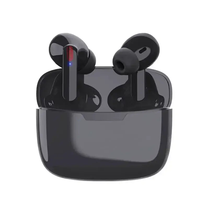 Schwarze kabellose Bluetooth-Ohrhörer mit aktiver Geräuschunterdrückung und glänzender Oberfläche, sicher in ihrer passenden Ladetasche platziert; mit leuchtendem rotem und blauem Licht am Stiel eines der Ohrhörer.
