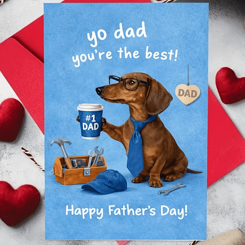 1 Fun Father's Day Greeting Card with a Red Envelope, Featuring a Long Dog Wearing Glasses and a Tie Holding a Number 1, with a Coffee Cup and Tools on the Side, with the Text "Yo Dad You'Re the Best," Perfect for Dad, a Cute