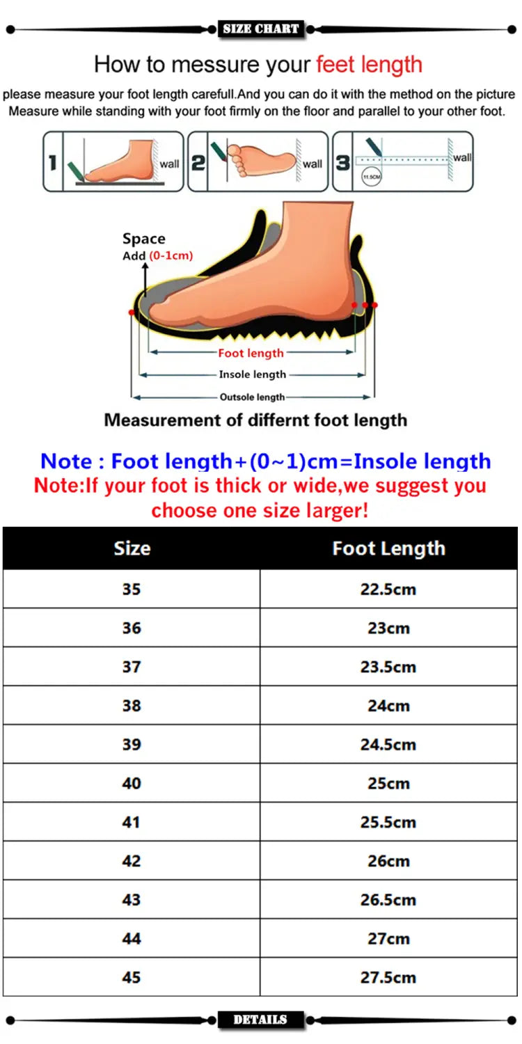 Tabla de tallas para zapatillas ligeras casuales de lona tipo botín elástico para hombres, que muestra las medidas del calzado y las longitudes de pie recomendadas en diversas tallas.