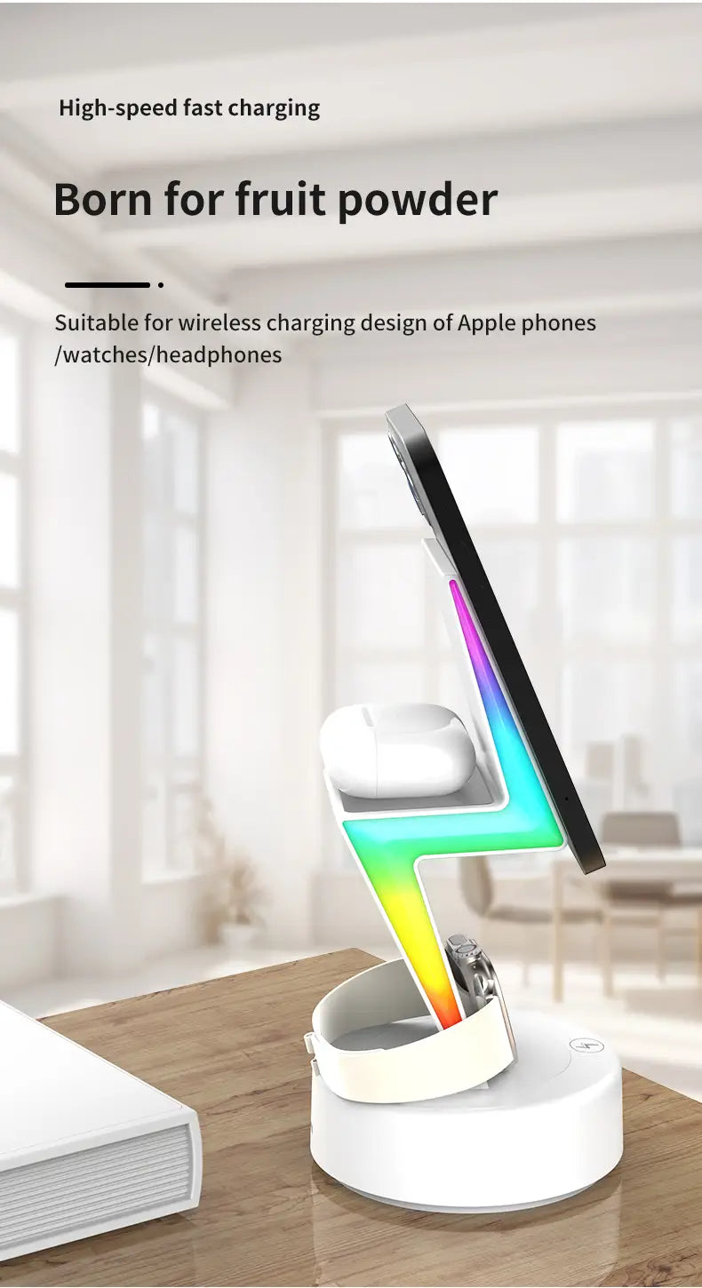 white wireless charging 3 in 1 rgb stand magnetic with lightning bolt design and slots for apple devices and accessories offering efficient wireless charging output power.