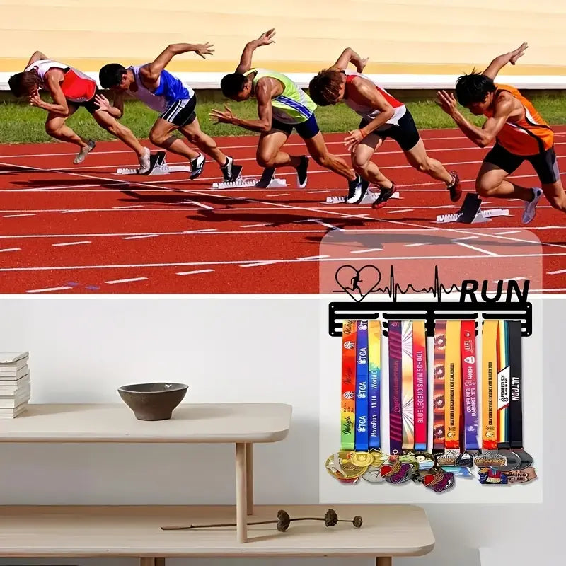 Black metal running medal display rack with a heart and heartbeat design holding colorful ribbons and medals viewed from the front.
