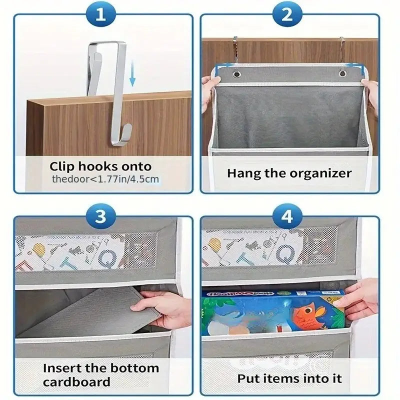 Gray mesh over door hanging storage organizer with white trim and five pockets including a bottom compartment for storing items.
