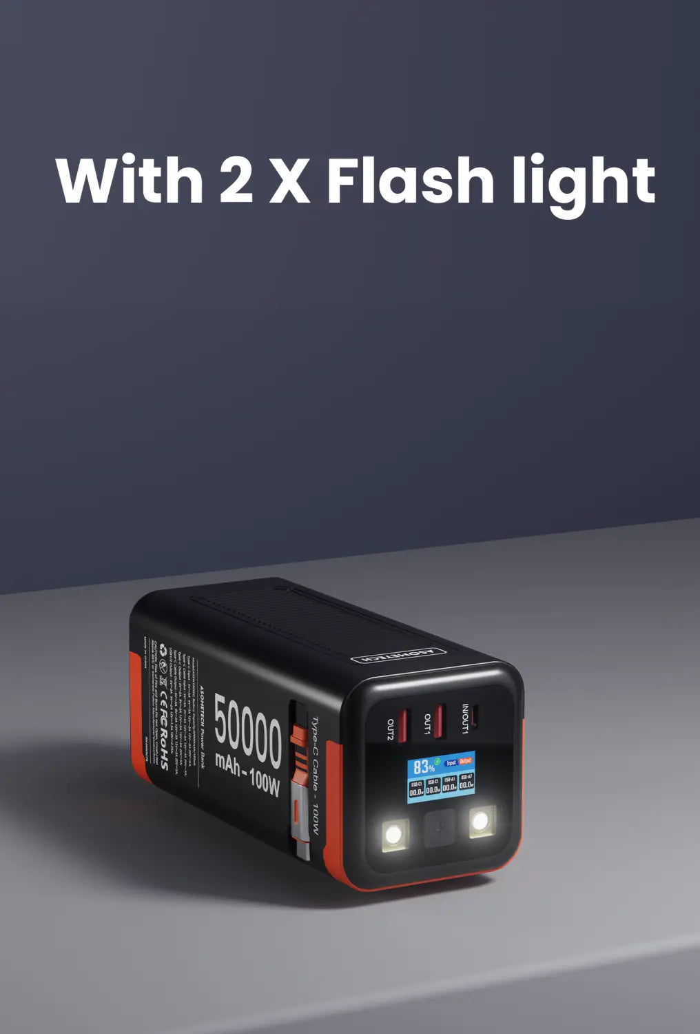Power bank Asometech 50000 mAh, 100 W, à charge rapide, noir et orange, conçu avec deux lampes torches intégrées pour un usage portable.
