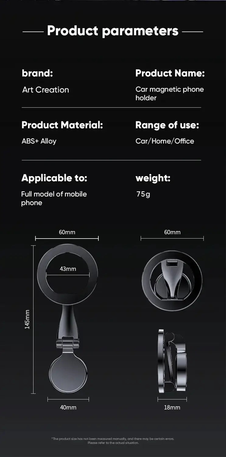 Black ABS aluminum alloy magnetic phone holder with circular design and clip mechanism for car phone stand use