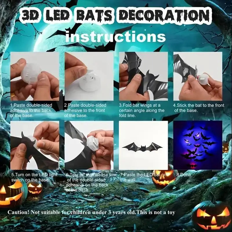 lámpara de noche estereoscópica de 3D con forma de murciélago LED, de material PET, con acabado brillante, diseñada para la decoración de paredes de Halloween