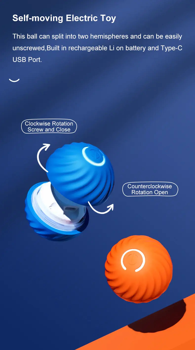 blue and orange ribbed self-moving electric toy ball with a split hemisphere design shown from a front angle for interactive dog toys and cat toy accessories feature