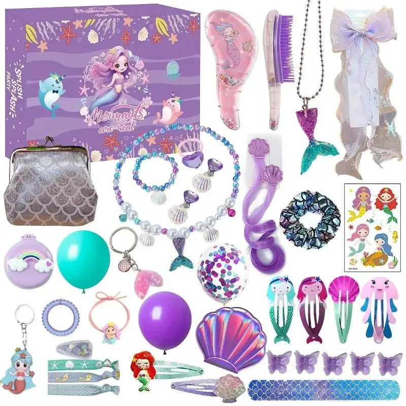 Mermaid-themed advent calendar girl diy jewelry hairpin set in a purple box featuring iridescent seashell accessories and pastel balloons delivered randomly.