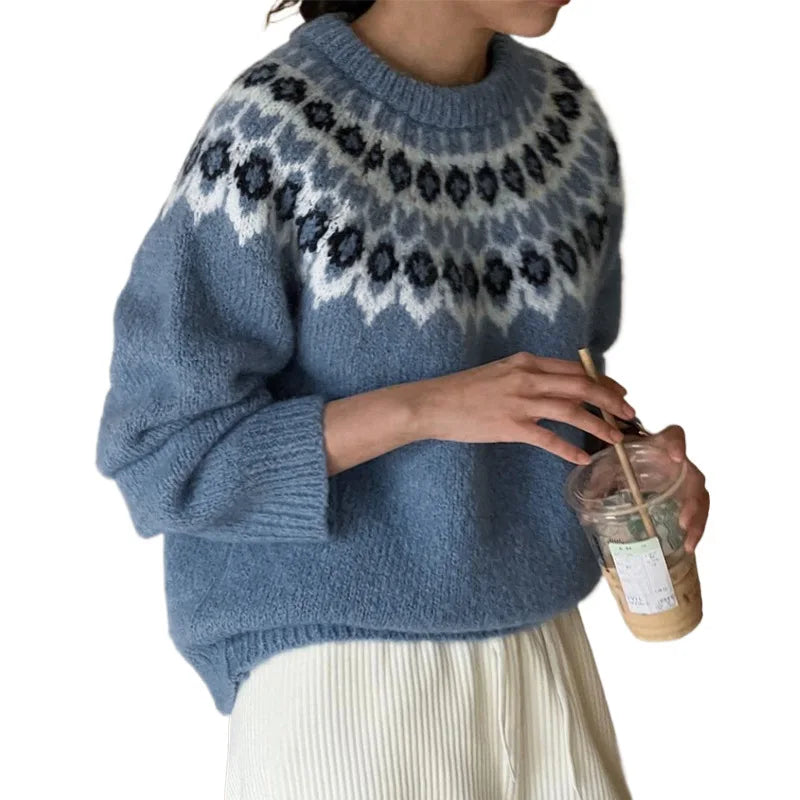 2025 New Autumn and Winter Cross-border Ethnic Style Long-sleeved Round-neck Fair Isle Sweater