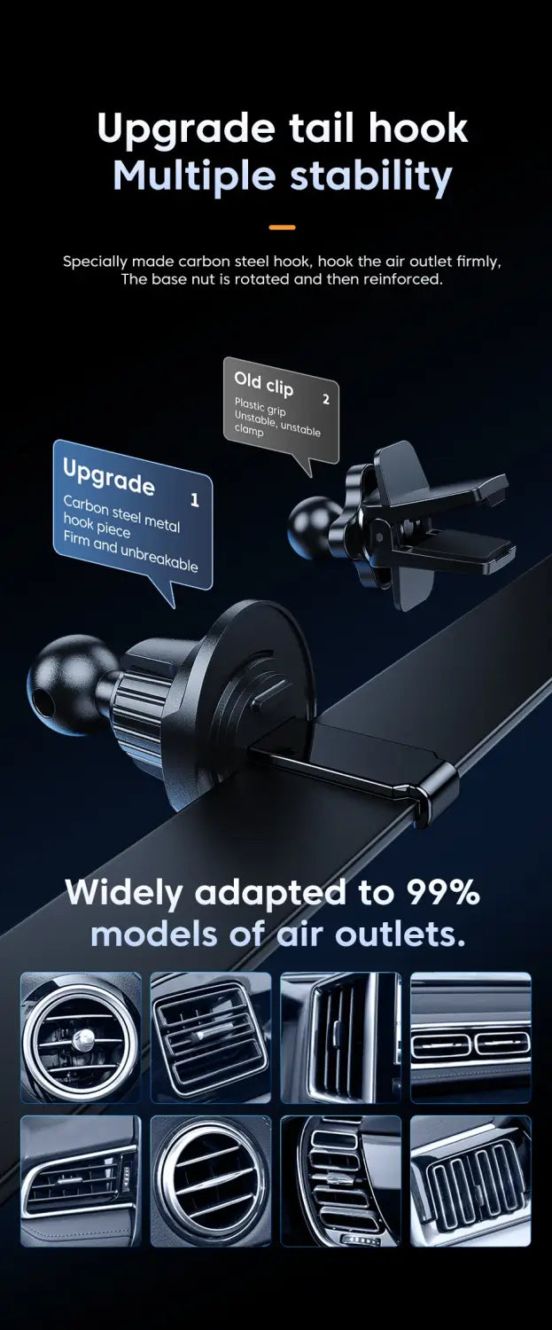 Soporte para cargador inalámbrico de coche negro de acero al carbono con características de carga rápida; base esférica resistente y clip ajustable para una sujeción segura para la carga destinada a la navegación.
