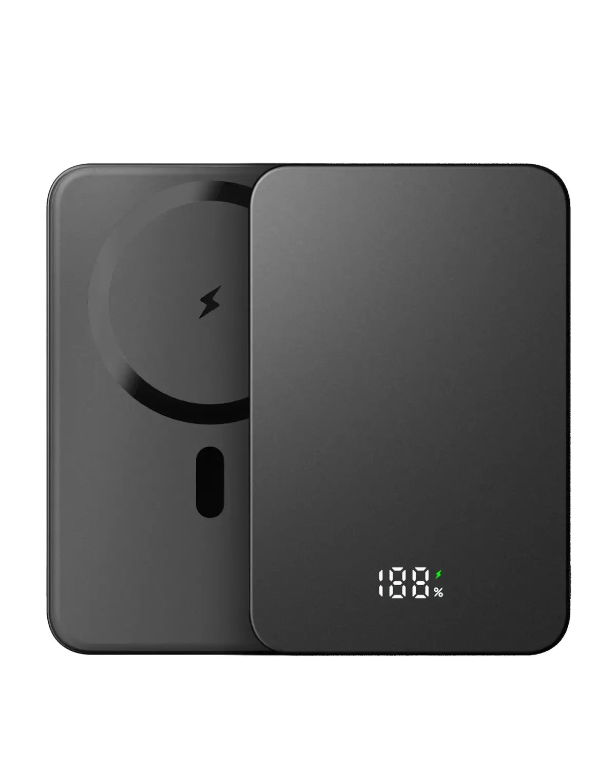 Schwarzes rechteckiges kabelloses Ladepad mit matter Oberfläche und digitalem Display, das 100 % Akkustand anzeigt, für die magnetische Powerbank 20000 mAh mit Schnellladefunktion in Silber.