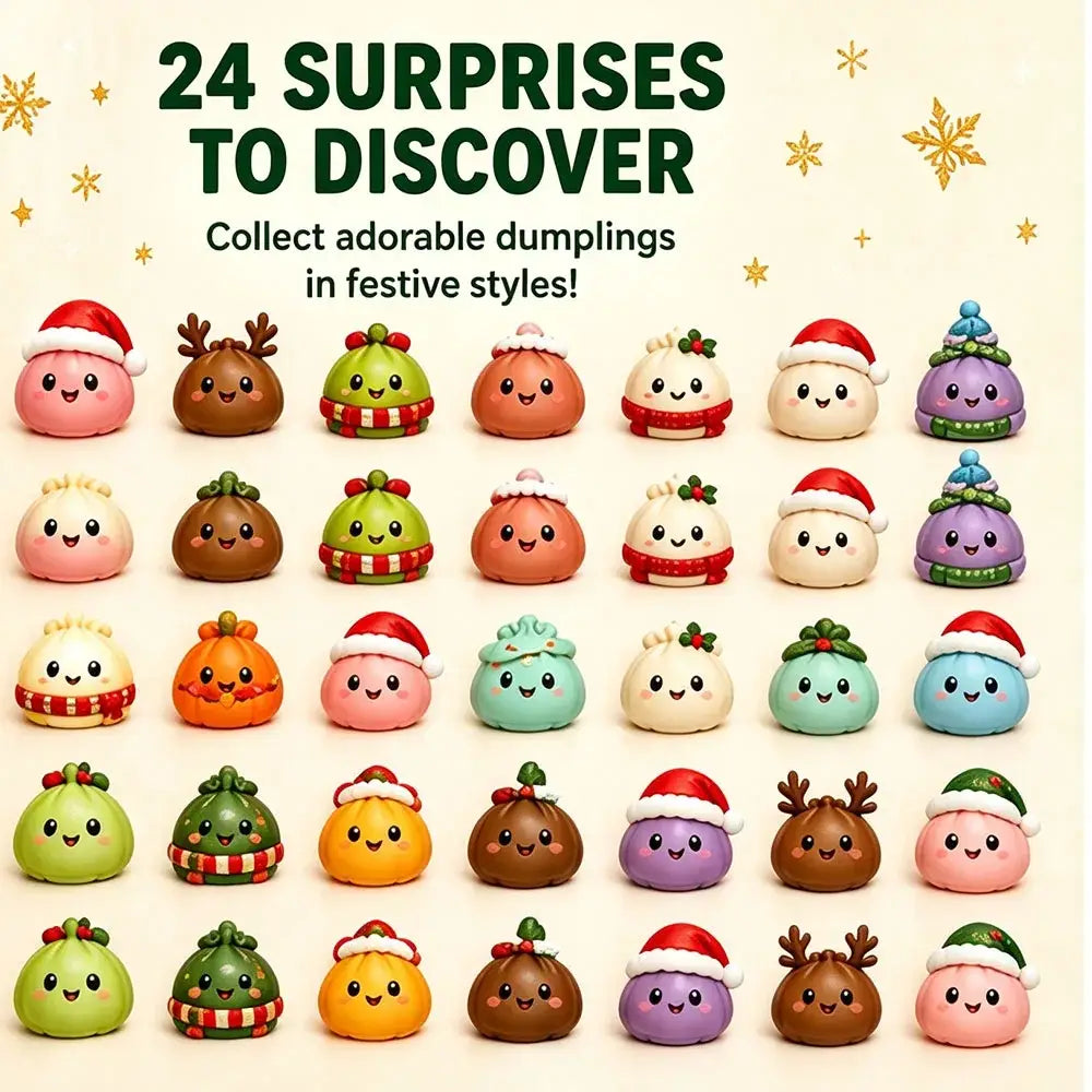 Adorable collectible dumplings in festive holiday styles with santa hats and colorful decorations in a 2026 squishy advent calendar