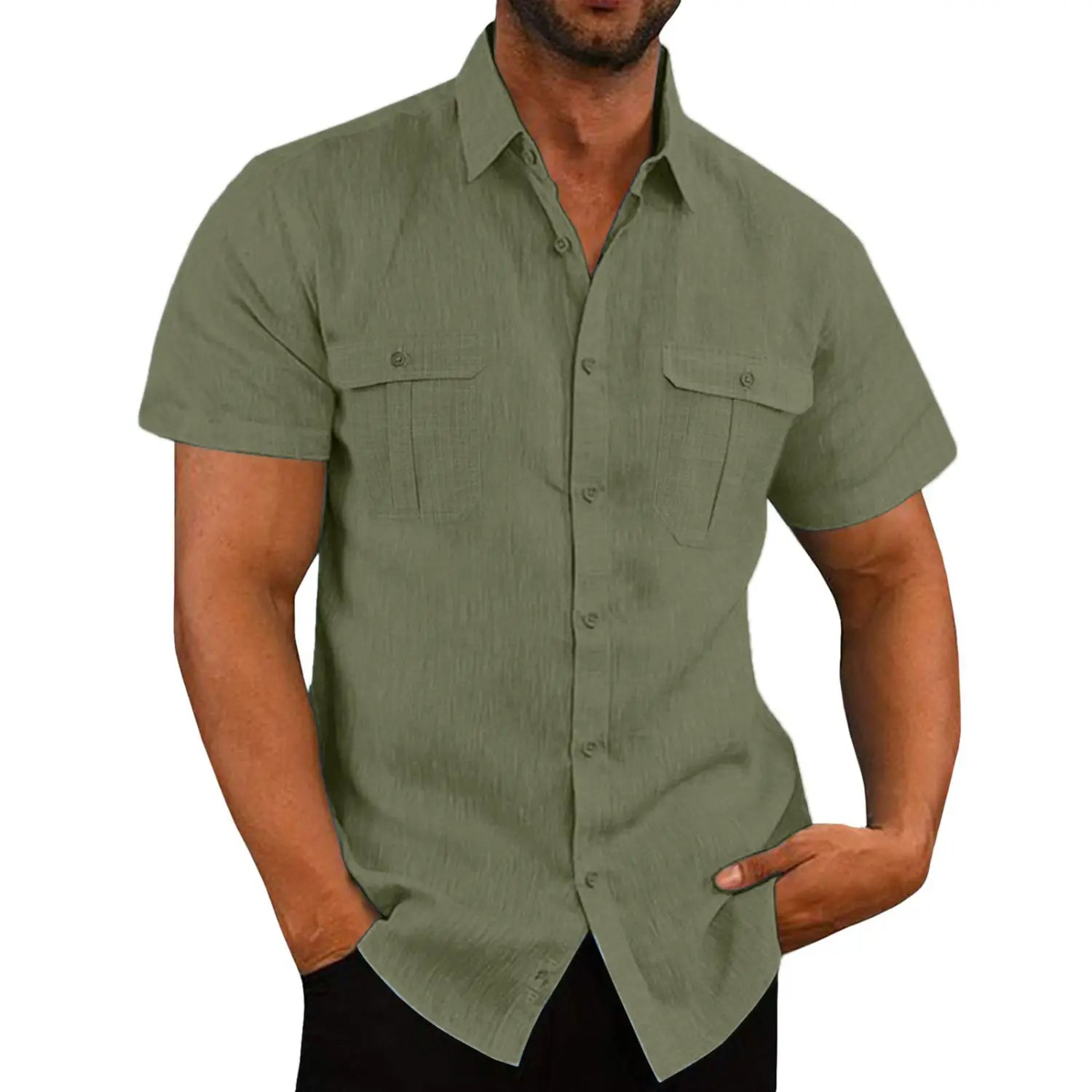 olive green linen short-sleeved button-up shirt for men with two chest pockets designed for casual summer wear