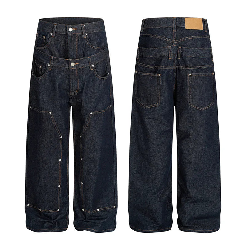 New Men Raw Denim Wide Leg Jeans Double Layer Waist Rivet Carpenter Pants Loose Straight Leg Dark Blue Casual Baggy Bottoms