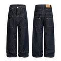 New Men Raw Denim Wide Leg Jeans Double Layer Waist Rivet Carpenter Pants Loose Straight Leg Dark Blue Casual Baggy Bottoms
